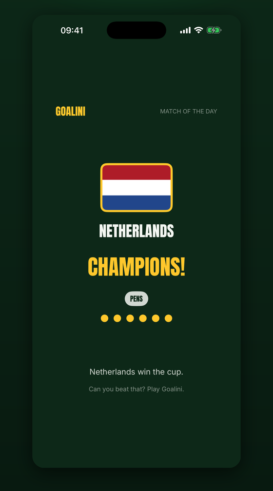 Goalini result card: Netherlands crowned champions on penalties, ready to share in a group chat.
