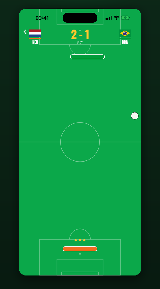 Goalini gameplay: a one-thumb football match, Netherlands leading Brazil 2-1, with keeper bars defending each goal.